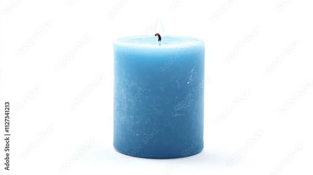 Light blue decorative wax candle with a soft glow isolated on a clean white background showcasing elegance and tranquility in home decor. Light blue decorative wax candle with a soft glow isolated on a clean white background showcasing elegance and tranquility in home decor.