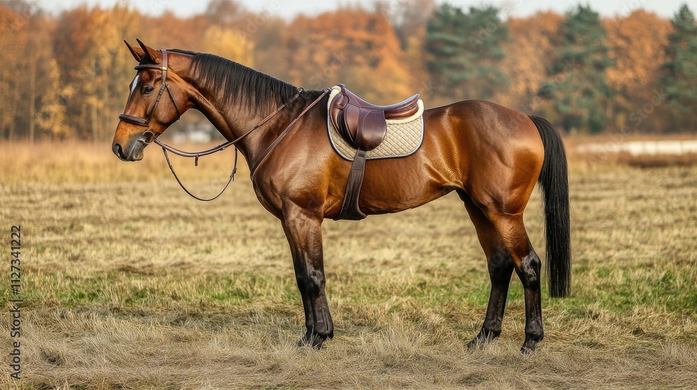 Obraz premium Brown horse with bridle standing in a rural field during spring showcasing a serene countryside atmosphere and equestrian elegance