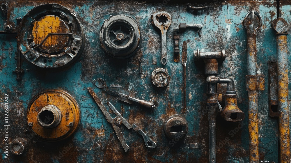 Siphon sewage components displayed on a rustic metal surface alongside various tools for plumbing repairs and maintenance Siphon sewage components displayed on a rustic metal surface alongside various tools for plumbing repairs and maintenance