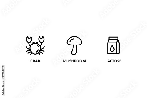 Food allergen icons. Allergen free products. Products warning symbols. Crab icon, mushroom, lactose sign
