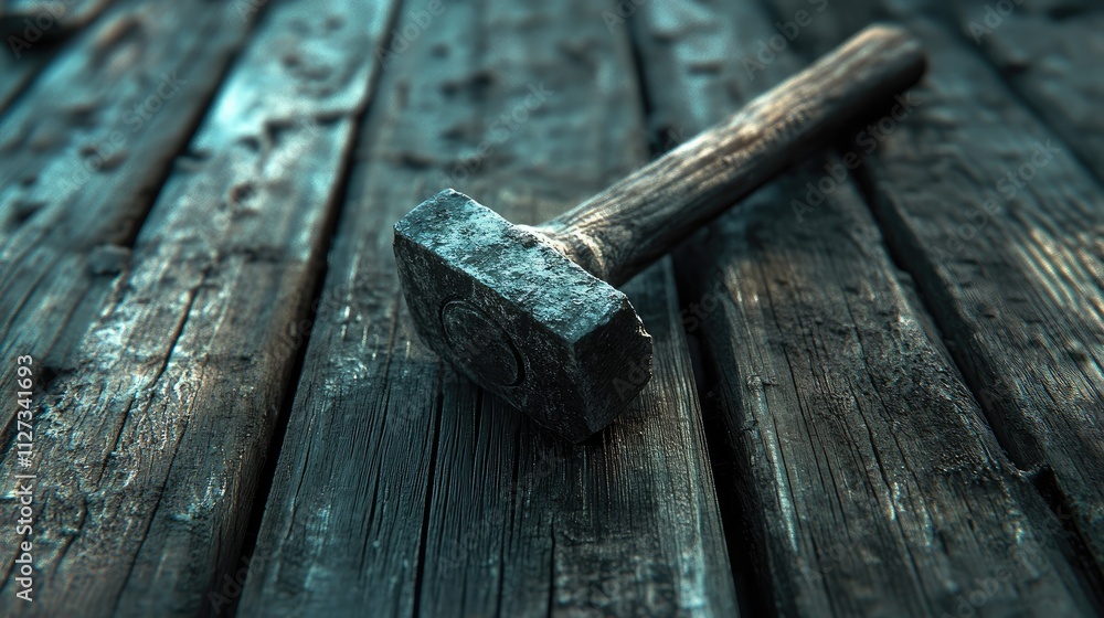 Weathered hammer resting on a rustic wooden board showcasing textures of aged wood and metal craftsmanship in a vintage setting. Weathered hammer resting on a rustic wooden board showcasing textures of aged wood and metal craftsmanship in a vintage setting.