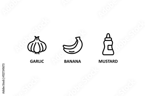 Banana icon, mustard, garlic sign. Food allergen icons. Allergen free products. Products warning symbols.