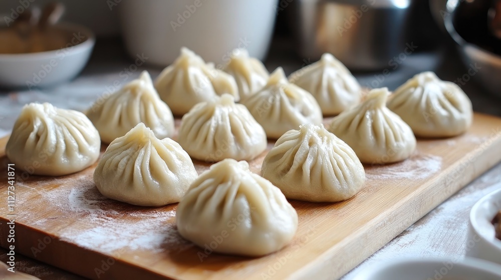 Laying out traditional Ruthenian dumplings on a wooden board ready for cooking in a cozy kitchen setting. Laying out traditional Ruthenian dumplings on a wooden board ready for cooking in a cozy kitchen setting.