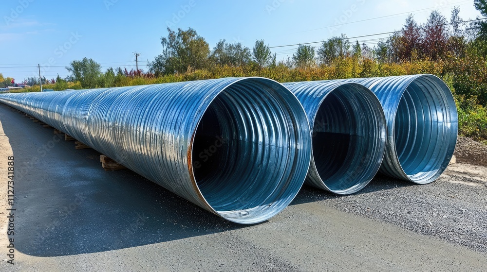 Large industrial metal pipes arranged on a rural road surrounded by greenery under a clear blue sky. Large industrial metal pipes arranged on a rural road surrounded by greenery under a clear blue sky.