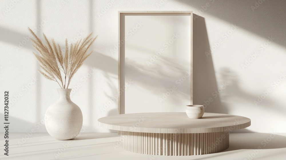 Scandinavian minimalist home decor featuring a round table, framed poster, and neutral accessories with soft sunlight ambiance Scandinavian minimalist home decor featuring a round table, framed poster, and neutral accessories with soft sunlight ambiance