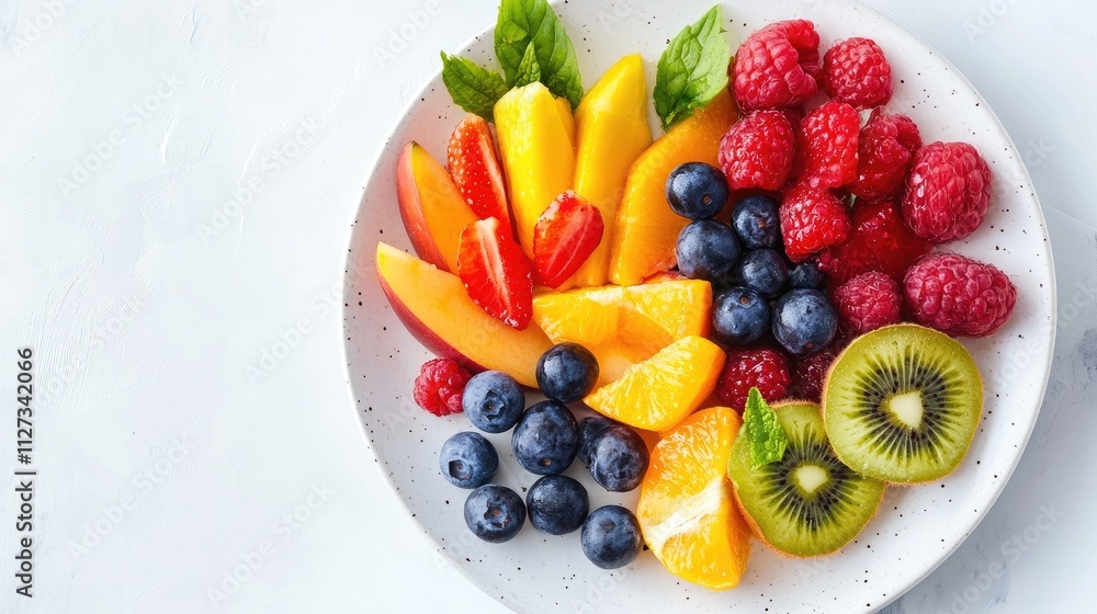 Fresh assorted fruits beautifully arranged on a white plate with mint leaves for a vibrant and healthy visual appeal. Fresh assorted fruits beautifully arranged on a white plate with mint leaves for a vibrant and healthy visual appeal.