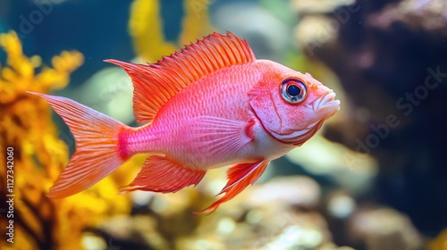 Vibrant Red Bigeye Fish Swimming Among Colorful Underwater Vegetation in a Marine Habitat Setting photo