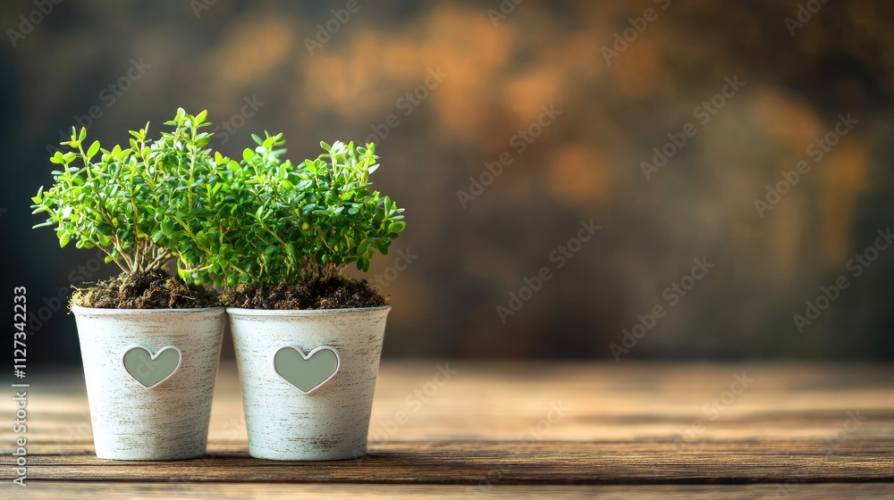 Decorative little green heart pots with plants on rustic wooden table against a blurred warm background for home and garden styling. Decorative little green heart pots with plants on rustic wooden table against a blurred warm background for home and garden styling.