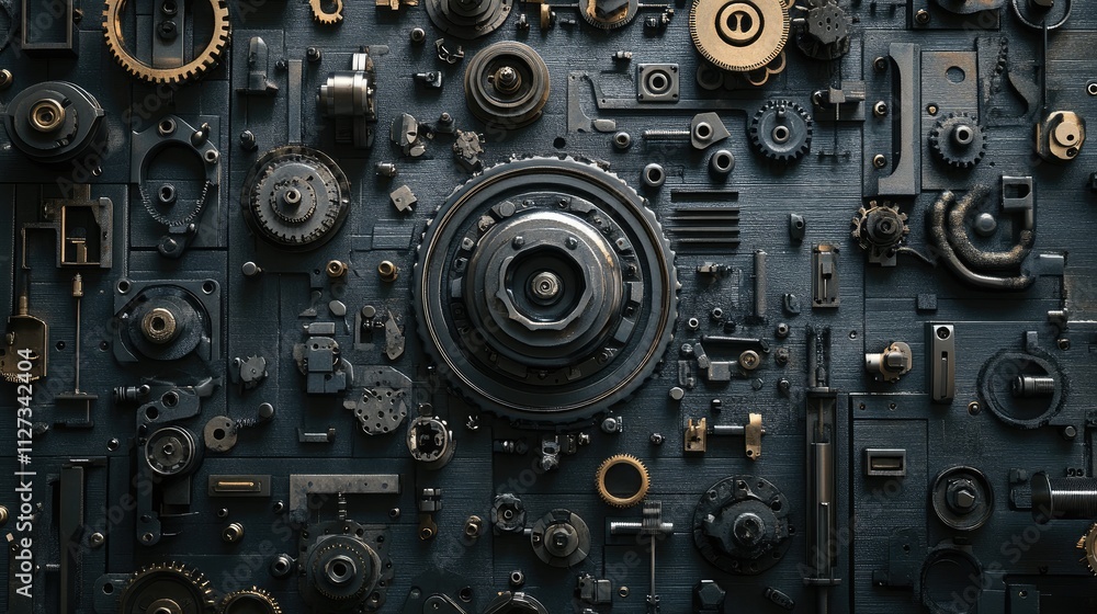 Industrial machinery components and gears arranged in a detailed pattern showcasing mechanical design and engineering textures. Industrial machinery components and gears arranged in a detailed pattern showcasing mechanical design and engineering textures.