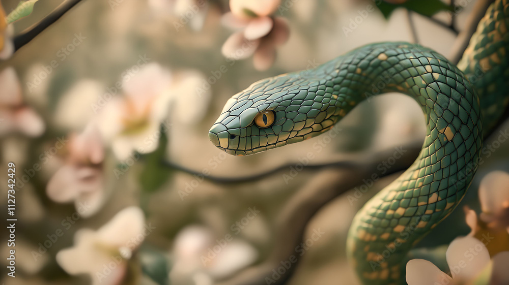 Obraz premium Green snake on the tree branch with beautiful flowers. Chinese, Lunar new year 2025 concept. Reptile on festive background with copy space. Greeting card, banner with copy space.