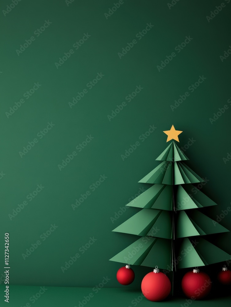 Modern green Christmas tree with red ornaments and star Modern green Christmas tree with red ornaments and star