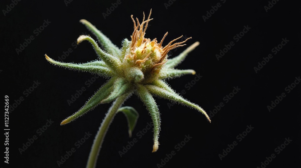 Blooming cannabis bud with trichomes and brown stigmas on dark background showcasing herbal medicine and micro growing concepts