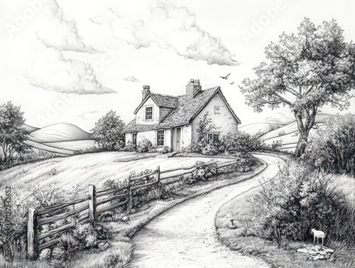 Wallpaper Mural Stone cottage, winding road, idyllic countryside. Torontodigital.ca