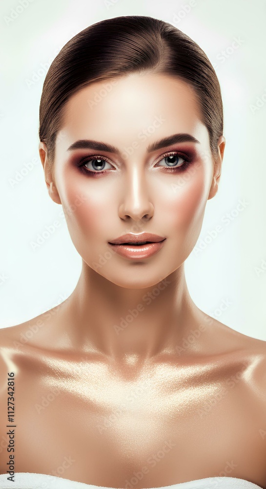 Elegant Portrait of a Woman Model with Radiant, Flawless Skin and Minimalist Background Elegant Portrait of a Woman Model with Radiant, Flawless Skin and Minimalist Background