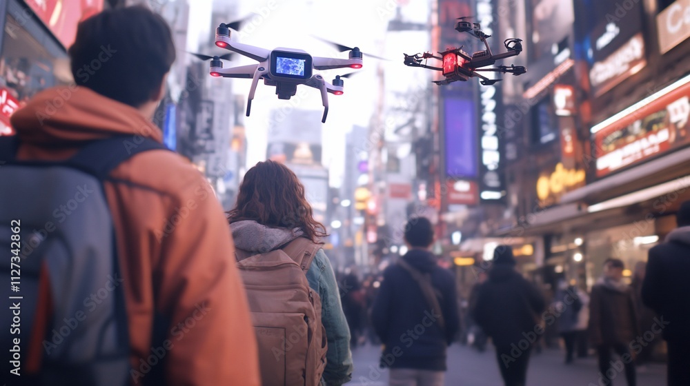 People walking in a bustling city with drones flying overhead. People walking in a bustling city with drones flying overhead.