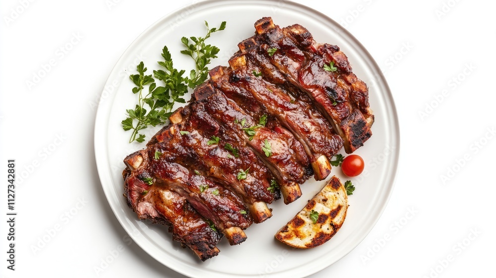 Smoked pork ribs served on a white plate garnished with herbs and cherry tomato against a clean white background Smoked pork ribs served on a white plate garnished with herbs and cherry tomato against a clean white background