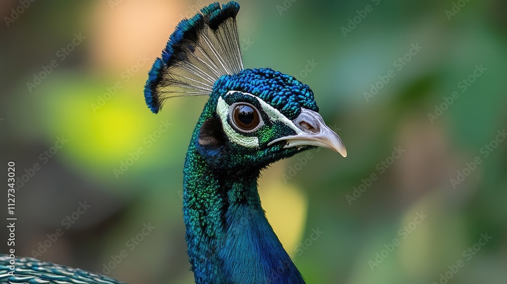 Vibrant close-up of a male peacock showcasing its iridescent feathers and unique facial features in a natural setting. Vibrant close-up of a male peacock showcasing its iridescent feathers and unique facial features in a natural setting.