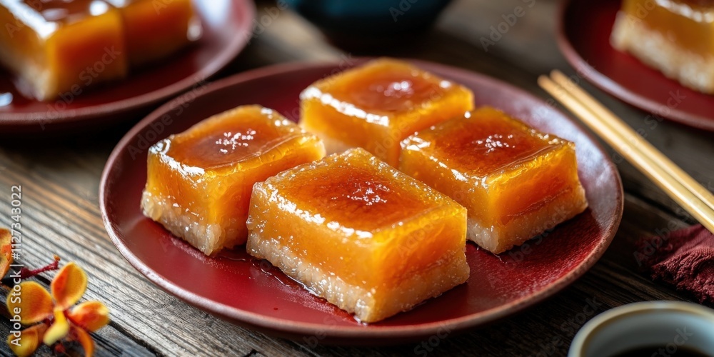 Close-up of traditional Chinese New Year, nian gao, sticky rice cake slices with a glossy texture, garnished with golden syrup, served on a simple red plate for a festive and authentic holiday treat. Close-up of traditional Chinese New Year, nian gao, sticky rice cake slices with a glossy texture, garnished with golden syrup, served on a simple red plate for a festive and authentic holiday treat.