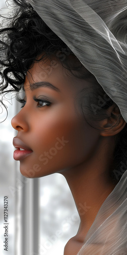 cosmetology beauty salon banner with copy space, beautiful African woman face, black and white, b/w