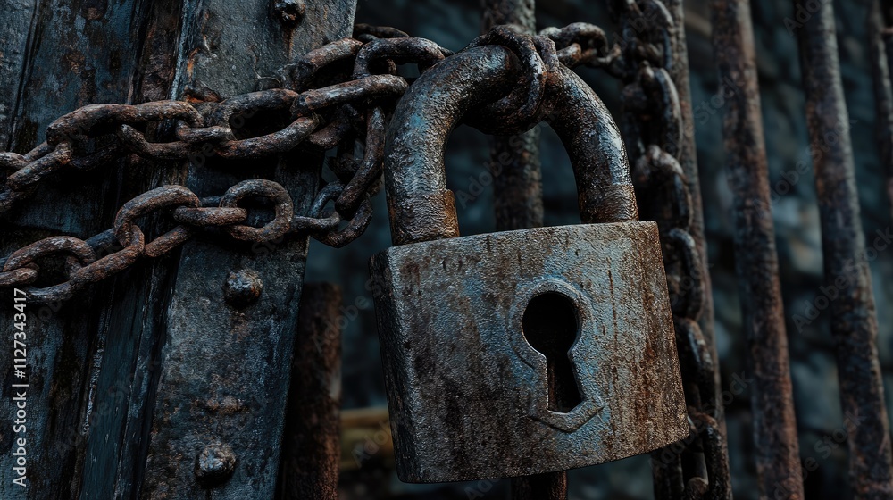 Rusty padlock and chain securing an old iron gate symbolizing safety and security in a forgotten environment. Rusty padlock and chain securing an old iron gate symbolizing safety and security in a forgotten environment.