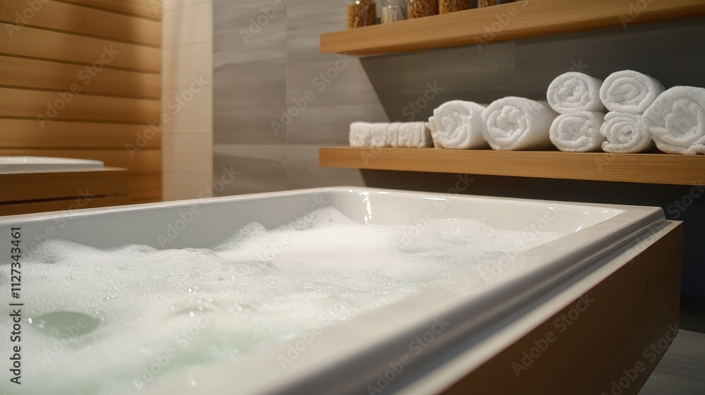 Luxurious porcelain bathtub with foamy water and neatly arranged towels on wooden shelves in a modern bathroom setting Luxurious porcelain bathtub with foamy water and neatly arranged towels on wooden shelves in a modern bathroom setting