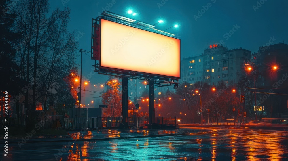 Blank Billboard in Rainy City at Night Blank Billboard in Rainy City at Night
