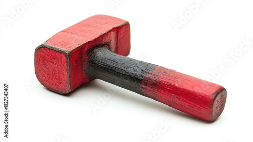 Red and black rubber hammer with a wooden handle positioned on a clean white background for industrial or DIY applications photo