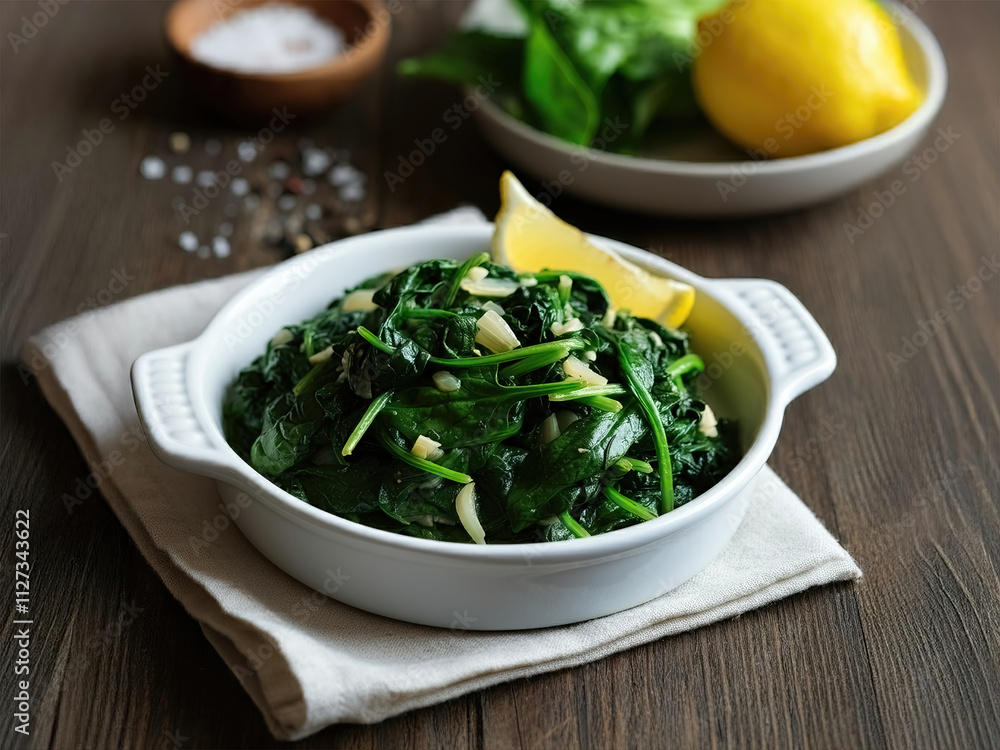 Plate with tasty cooked spinach on table. Healthy food Plate with tasty cooked spinach on table. Healthy food