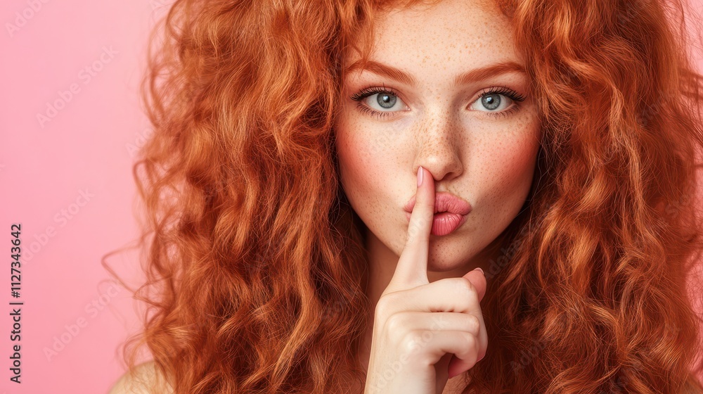 Closeup portrait of pretty redhead female with funny curls standing against pink background showing shh gesture putting index finger against lips, asking to keep secret and be quiet Closeup portrait of pretty redhead female with funny curls standing against pink background showing shh gesture putting index finger against lips, asking to keep secret and be quiet