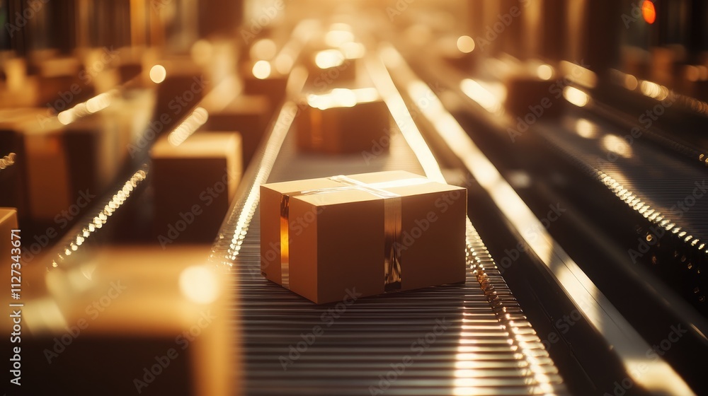 Parcel packages on conveyor rollers illuminated by warm sunlight in a logistics facility with a blurred background effect Parcel packages on conveyor rollers illuminated by warm sunlight in a logistics facility with a blurred background effect