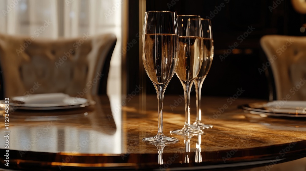 Elegant dining setup featuring champagne glasses on a luxurious wooden table in a refined interior setting Elegant dining setup featuring champagne glasses on a luxurious wooden table in a refined interior setting