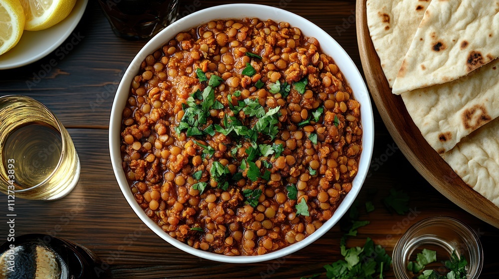 A bowl of lentil dish garnished with cilantro, served with flatbread and drinks. A bowl of lentil dish garnished with cilantro, served with flatbread and drinks.
