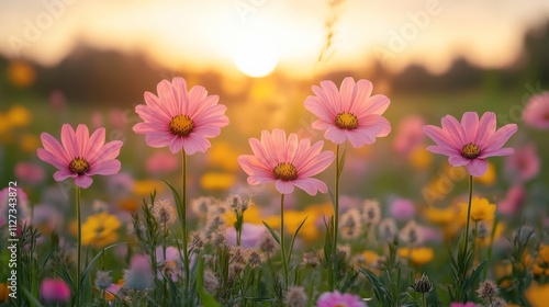 Beautiful Pink Flowers in a Vibrant Meadow at Sunset with Soft Lighting Creating a Dreamy Atmosphere Full of Nature's Colors and Serenity