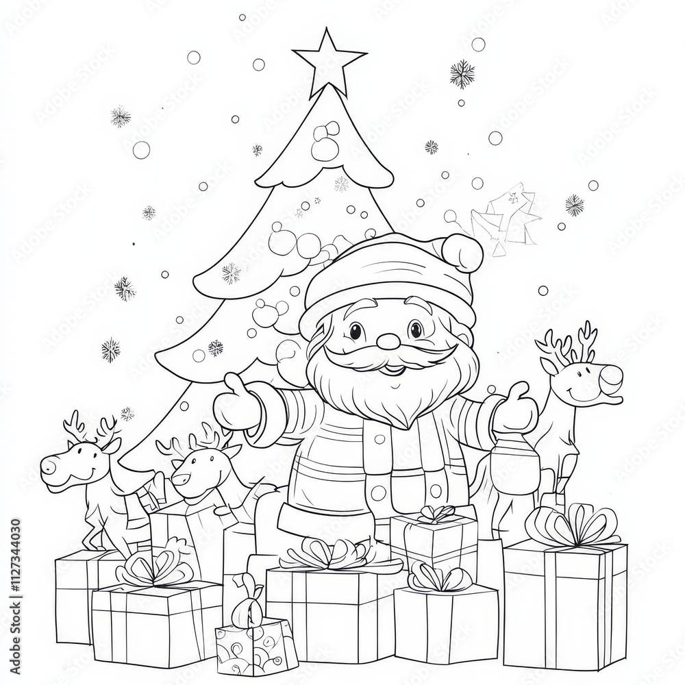 Fototapeta premium Joyful Holiday Scene: Santa Claus, surrounded by gifts and reindeers, stands before a decorated Christmas tree, celebrating the holiday season. a festive atmosphere, capturing the spirit of christmas.