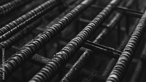 Reinforcing steel rebars arranged in parallel for construction floor framework in a detailed close-up view