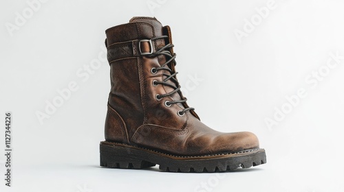 Stylish brown leather women's boots with lace-up design displayed against a clean white background for fashion or footwear advertisements photo