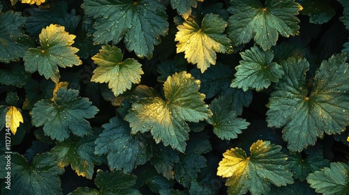 Golden sunlight illuminating lush green leaves in the evening showcasing nature's beauty and tranquility. photo