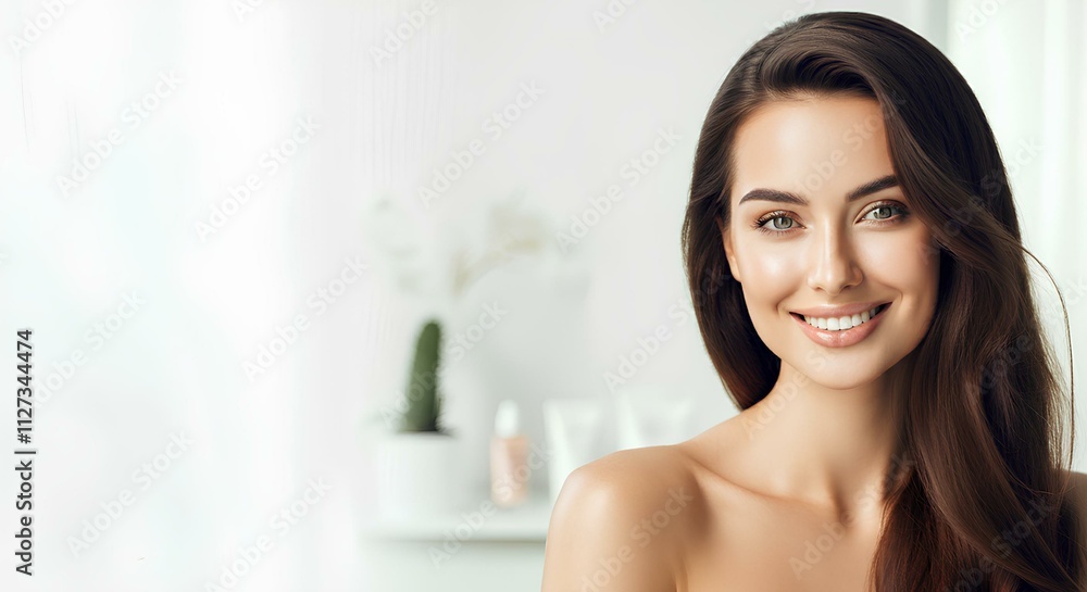 Elegant Portrait of a Woman Model with Radiant, Flawless Skin and Minimalist Background Elegant Portrait of a Woman Model with Radiant, Flawless Skin and Minimalist Background