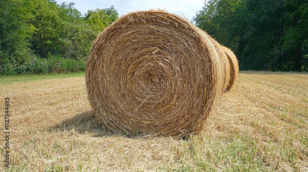 Large round straw bales in a summer field under blue skies surrounded by lush greenery in a peaceful rural landscape Large round straw bales in a summer field under blue skies surrounded by lush greenery in a peaceful rural landscape