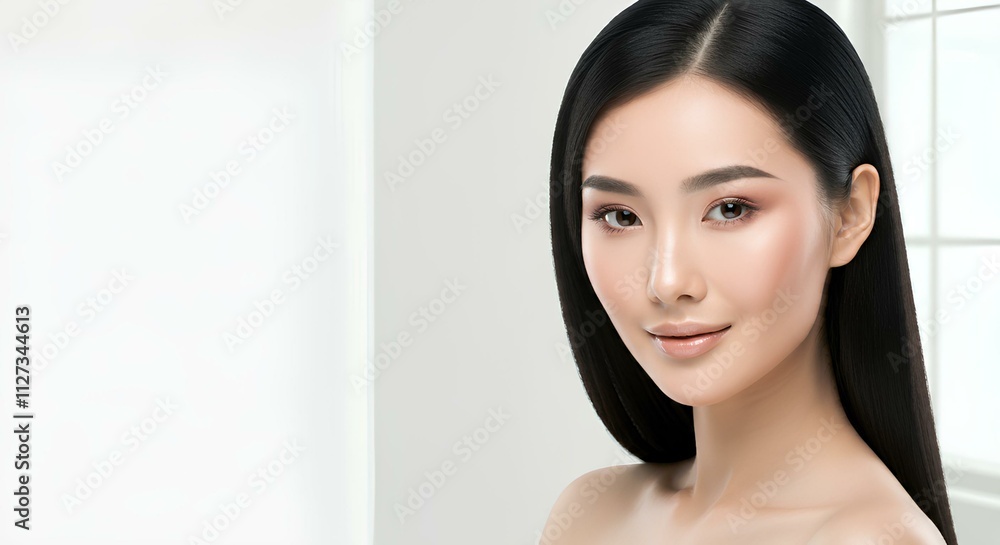 Elegant Portrait of a Woman Model with Radiant, Flawless Skin and Minimalist Background Elegant Portrait of a Woman Model with Radiant, Flawless Skin and Minimalist Background