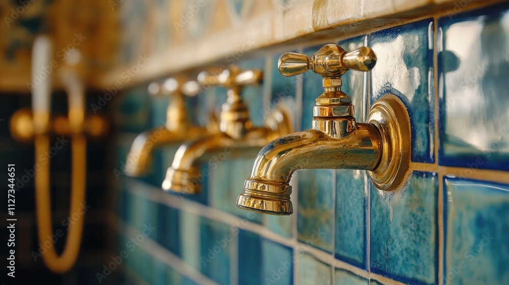 Brass water taps against decorative tiles highlighting plumbing and repair fixtures in a stylish bathroom setting Brass water taps against decorative tiles highlighting plumbing and repair fixtures in a stylish bathroom setting