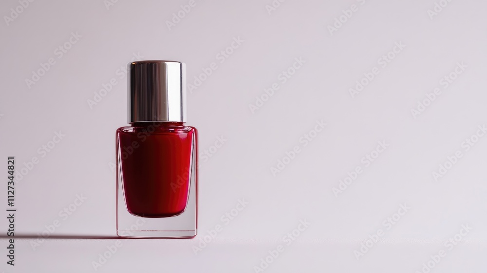 Elegant red nail polish bottle with silver cap on a clean white background showcasing beauty and cosmetic themes. Elegant red nail polish bottle with silver cap on a clean white background showcasing beauty and cosmetic themes.