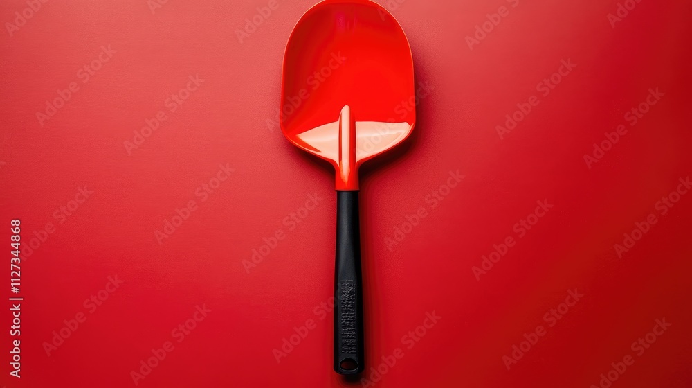 Vibrant red plastic shovel with a sleek black handle displayed against a matching red background for a bold visual impact. Vibrant red plastic shovel with a sleek black handle displayed against a matching red background for a bold visual impact.