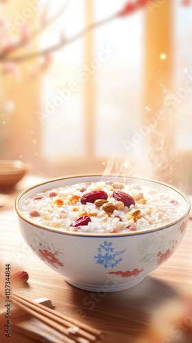 Traditional Chinese Laba Festival Celebration with a Bowl of Laba Congee, Featuring Colorful Ingredients like Grains, Beans, and Nuts, Symbolizing Health and Prosperity
