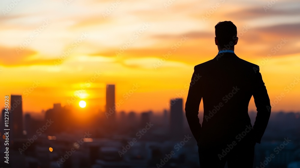 Businessman watching sunset over city skyline urban environment inspirational content perspective Businessman watching sunset over city skyline urban environment inspirational content perspective