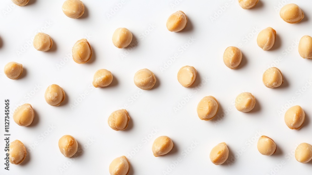 Macadamia nuts arranged in a scattered pattern on a clean white background showcasing their unique shape and texture. Macadamia nuts arranged in a scattered pattern on a clean white background showcasing their unique shape and texture.