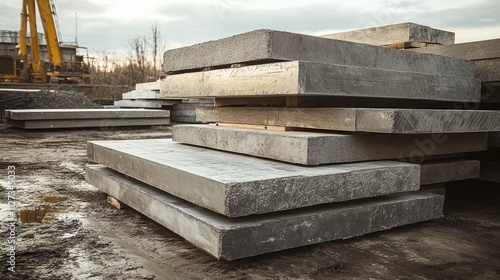 Vertical slabs of concrete stacked in a construction site showcasing industrial materials and equipment in a busy building environment photo