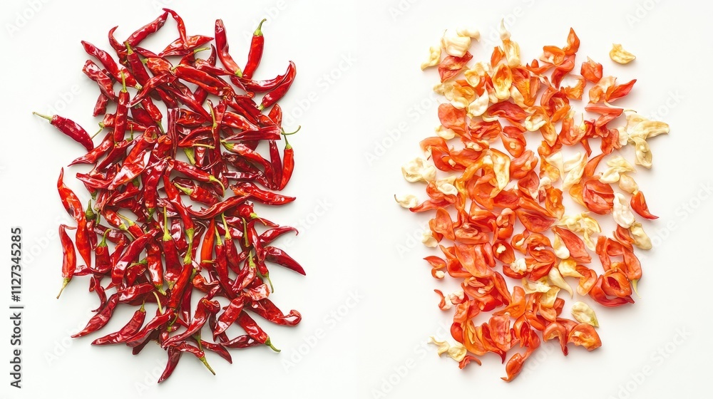 Naklejka premium Red chili peppers and dried chili flakes arranged separately on a clean white background for culinary or spice-related purposes