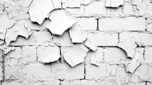 Abstract texture of an aged cracked white brick wall showcasing peeling paint and rough masonry for design or construction backgrounds photo