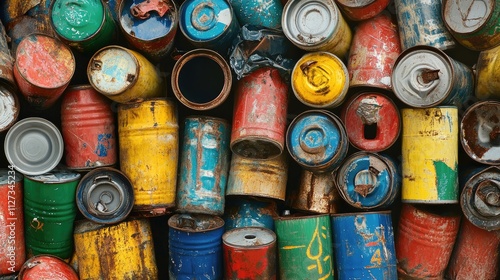 Colorful Piled Metal Containers Ready for Recycling in an Urban Dumping Ground photo